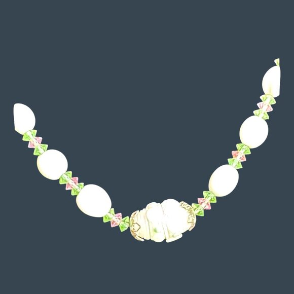 Vtg 26" Milk Glass Beaded Lampwork Necklace Floral Accents Statement Gold Tone - Picture 2 of 6